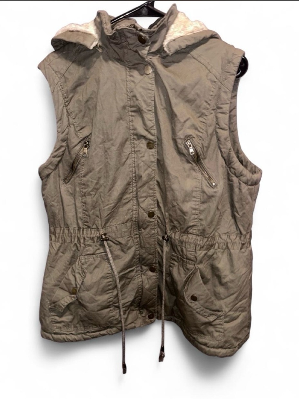 Sleeveless Hooded Utility Vest with Faux-Fur Trim - Taupe